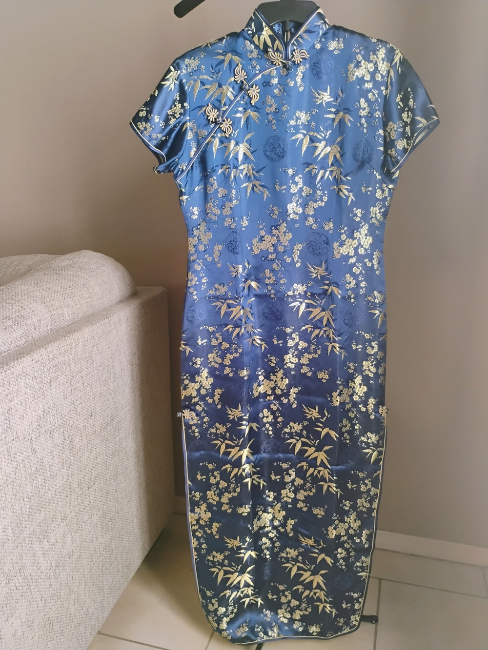 Blue with Gold Floral Jacquard Asian Inspired Gown Mandarin Collar Size 40